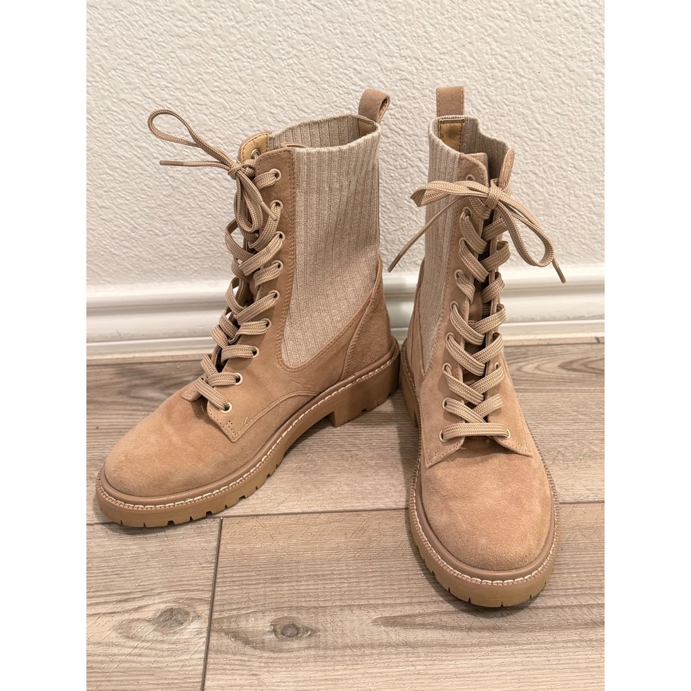 Sam Edelman Lydell Suede Knit Sock Combat Boots Sesame Beige 6M Lug Sole